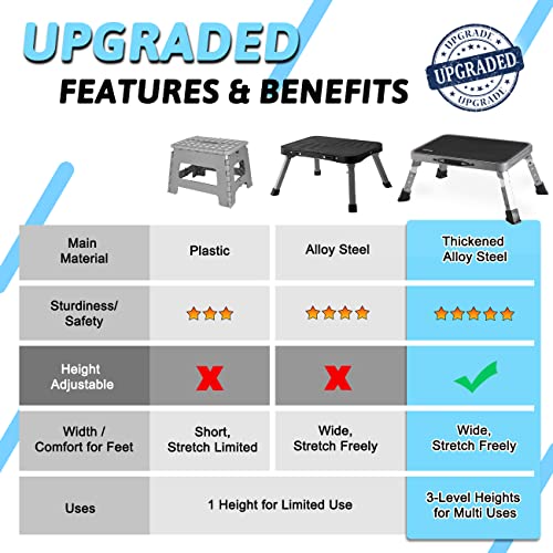 Double Elite 3 Levels Adjustable Folding Step Stools for Adults, Sturdy Metal RV Step, Safer Foldable Small Kitchen Stepping Stool Seniors Bed, Multi-Use Office Foot Stool Under Desk - color: Gray/Black