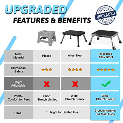Double Elite 3 Levels Adjustable Folding Step Stools for Adults, Sturdy Metal RV Step, Safer Foldable Small Kitchen Stepping Stool Seniors Bed, Multi-Use Office Foot Stool Under Desk - color: Gray/Black