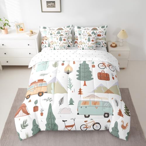 Erosebridal Kids Camper Theme 7 Piece Comforter Set Queen Bed in a Bag,Happy Camping Bedding Set,Travel Car Rv Accessories Down Comforter,Botanical Flowers Mountain Adventure Quilt,Cute Camper Sheets - color: Green White, size: Queen