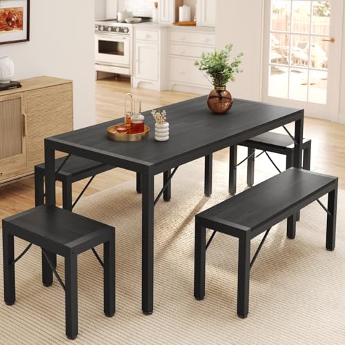 Gizoon 63" Dining Room Table Set for 6, Kitchen Table with 2 Benches and 2 Stools, Dining Table Set with Metal Frame, Space-Saving Kitchen Table Set for Apartment, Black - color: Black, size: seat for 6