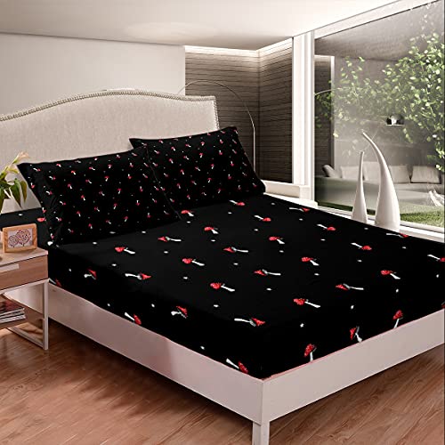 Cute Mushroom Fitted Sheet Queen Size Kid Cartoon Kawaii Bedding Set Types of Mushrooms Red Bedding Farmhouse Botanical Fitted Bed Sheets Cute Wild Species Fitted Sheet for Bedroom Decor, Black - color: Multi 64, size: Queen (No Top/Flat Sheet)