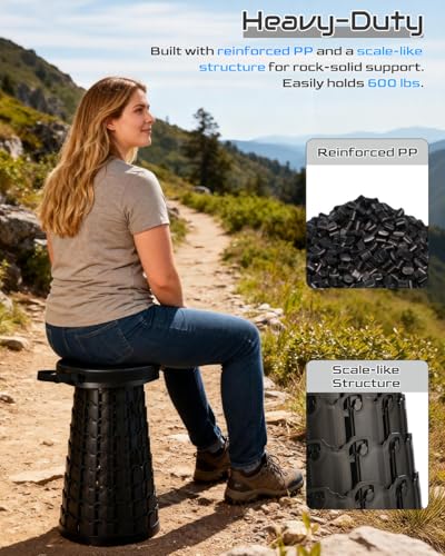 Spisces 2026 Heavy Duty Collapsible Stool | 600lbs Capacity, 18-in Tall Lightweight 2.6lbs Portable Retractable Telescoping Stool for Adults, Camping Fishing Hiking Travel BBQ - size: 18"(H)*10.2"(W)