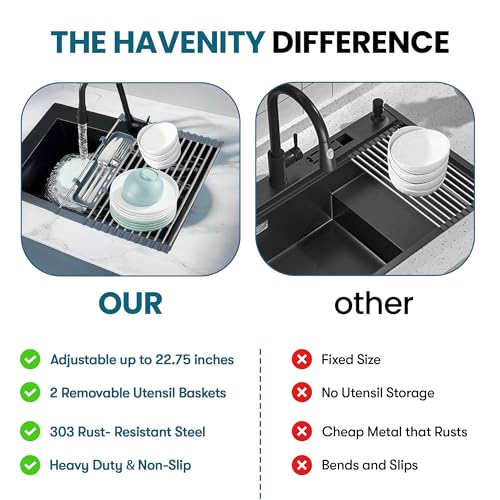 Havenity™ Expandable Roll Up Dish Drying Rack with Drying Mat - Adjustable Up to 22.75" with 2 Free Attachments & 2 Removable Baskets, 304 Stainless Steel Over The Sink Dish Drying Rack Cover Kitchen - size: Dish Drying Rack Combo