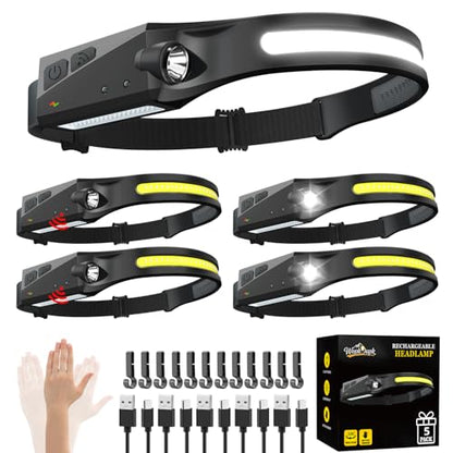 WopkDupk Rechargeable Headlamp 5PCS, 230° Wide Beam Head Lamp, Motion Sensor LED Headlamp Flashlight, 5Mode Headlamps for Adults, Bright Head Lights for Forehead, Hard Hat Headlight - size: 5Pack