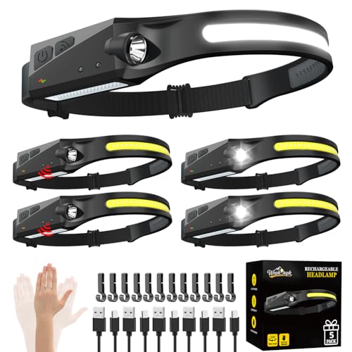 WopkDupk Rechargeable Headlamp 5PCS, 230° Wide Beam Head Lamp, Motion Sensor LED Headlamp Flashlight, 5Mode Headlamps for Adults, Bright Head Lights for Forehead, Hard Hat Headlight - size: 5Pack
