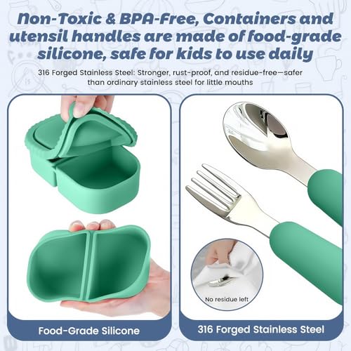 Silicone Snack Containers for Kids, Green, 8.5Oz, 2-Compartment | Includes Spoon and Fork, BPA Free, Leak Proof, Great for Toddler/Kid/Adult Meal Prep - color: green