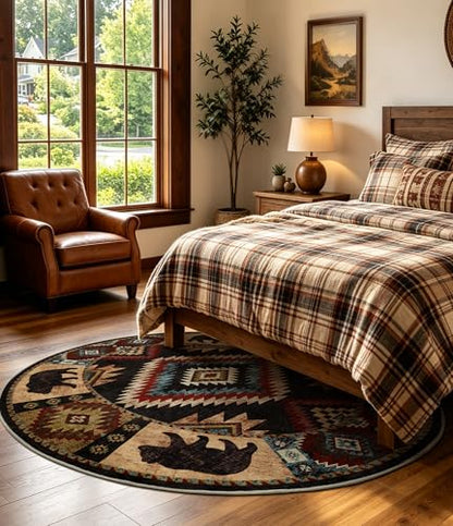 YIHOUSE Southwestern Round Rug 4ft, Low Pile Soft Circle Rug with Non-Slip Backing, Western Rustic Washable Rugs for Living Room, Bedroom - color: Bear, size: 4' (Round)