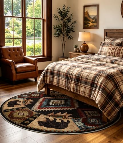 YIHOUSE Southwestern Round Rug 6ft, Low Pile Soft Circle Area Rug with Non-Slip Backing, Western Rustic Washable Rugs for Living Room, Bedroom - color: Bear, size: 6' (Round)