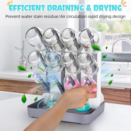 Baby Bottle Drying Rack: Space Saving Vertical Bottle Drying Holder with Brushes Holder - Large Bottle Storage Holder Organizer 12 Bottles & Baby Accessories,BPA-Free, Gray - color: Gray