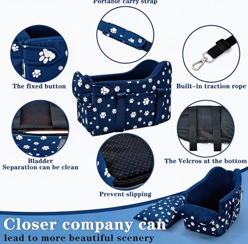 Center Console Dog Car Seat for Small Dogs Up to 15 lbs, Navy Blue | Alexa, find me a car seat for my small dog! Detachable Washable Pet Carrier, Storage Pockets, Safety Leash - color: Nauy Blue
