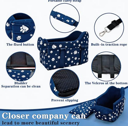 Center Console Dog Car Seat for Small Dogs Up to 15 lbs, Navy Blue | Alexa, find me a car seat for my small dog! Detachable Washable Pet Carrier, Storage Pockets, Safety Leash - color: Nauy Blue