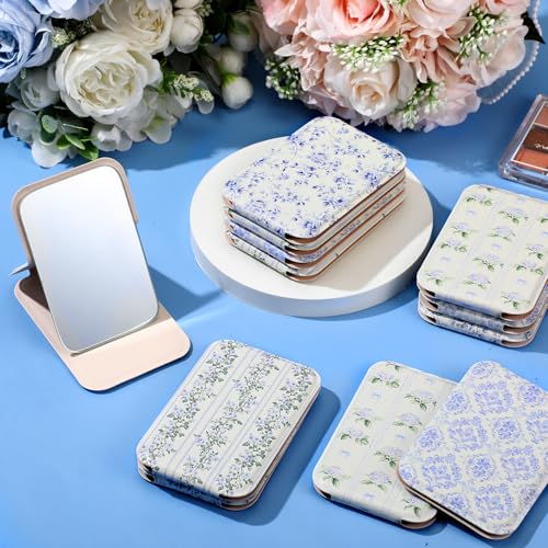 Geelin 12 Pcs Compact Mirror Bulk Mini Pocket Mirrors for Women Travel Folding Mirror Portable Hand Mirrors for Graduation Party Gift Camping Office Home(Blue Rose) - style: Blue Rose