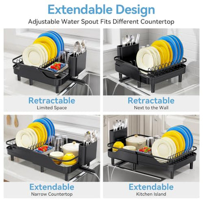 Urackify Expandable Dish Rack for Kitchen Counter,16.14"-23.62" Large Dish Drying Rack with Adjustable Water Spout, Space Saving Dish Drainer with Auto Draining Cutlery Holder, Matte Black - color: Matte Black
