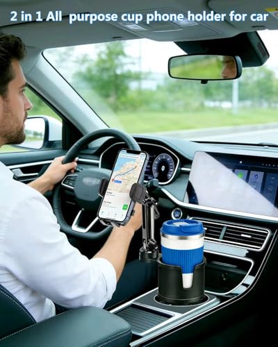 Cup Phone Holder for Car [2 in 1 Upgraded] Universal Car Cup Holder Phone Mount Long Adjustable & Rotatable Arm, Sturdy No-Shake Design, Fit with iPhone 4-7 inches Smartphones & Big Bottle - color: Natural