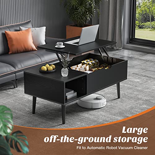 Sweetcrispy Lift Top Coffee Table Black for Living Room, Small Rising Wooden Dining Center Tables with Storage Shelf and Hidden Compartment
