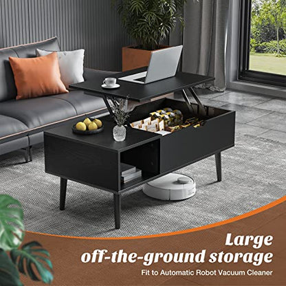 Sweetcrispy Lift Top Coffee Table Black for Living Room, Small Rising Wooden Dining Center Tables with Storage Shelf and Hidden Compartment