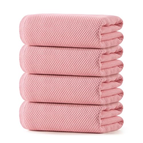 REDKISS 100% Cotton Waffle Weave Bath Towels 4 Pack - 27.5x55 Inches| Lightweight, Quick Dry & Highly Absorbent,Perfect for Spa, Gym, Travel, Guest Bathroom-Pink - color: Pink