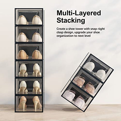 SEE SPRING X-Large Black Modern Plastic Shoe Box, 12 Pack, Clear Front Door, Stackable, Foldable, Ventilated, Fits US Size 11, 13.2''L9.1''W7.3''H Inch, 655.65 Cubic Inches, Already Assembled - color: Black, size: X-Large Fit Size 11