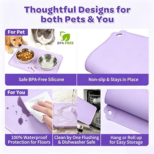Pet Feeding Mat 12"x19" Silicone Dog Feeding Mat Pet Place Mat Waterproof Silicone Contain Spills Protects Floors Placemats for Cats and Dogs Lavender - color: Purple