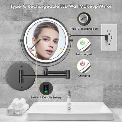 Rocollos Rechargeable Wall Mounted Lighted Makeup Mirror, 8 Inch Double-Sided LED Vanity Mirror 1X/10X Magnification,3 Color Lights Touch Screen Dimmable 360°Swivel 13 Inch Extendable - color: 8 Inch Black