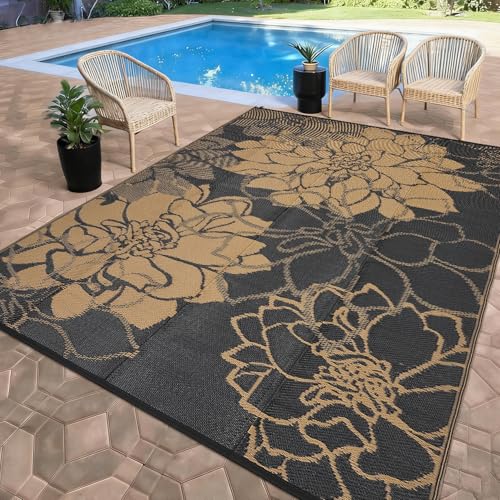 Garvee 9x18 Outdoor Rug Patio Waterproof Reversible Mat Floral Tropical Porch Rug with 4 Stakes Portable Outdoor Plastic Straw Rugs for Camping Deck Rv Balcony Backyard Beach, Black&Brown - color: Floral|black&brown, size: 9' x 18' (Rectangular)