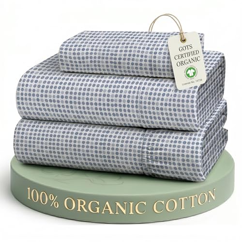 LANE LINEN 100% Organic Cotton Twin Sheets Set - 3 PC Bedding Sheets & Pillowcases - Breathable & Cooling Bed Sheets - Deep Pocket up to 15", Sheets for Twin Size Bed: Polka Dot (Blue) | Twin Sheet Set, GOTS Certified Organic Cotton Percale - Best-Value O