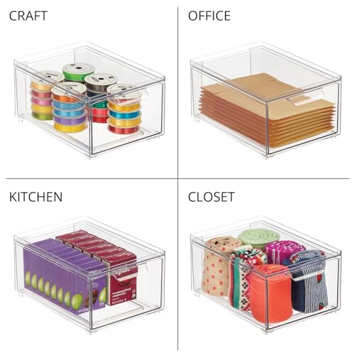 mDesign Plastic Bathroom Organizer Bin w/Pull Out Drawer - Slim Stackable Storage Container for Bathroom Accessories - Perfect for Organizing Bathroom Cabinet - Lumiere Collection - 8 Pack - Clear - size: 8 x 6 x 4 (Pack of 8)