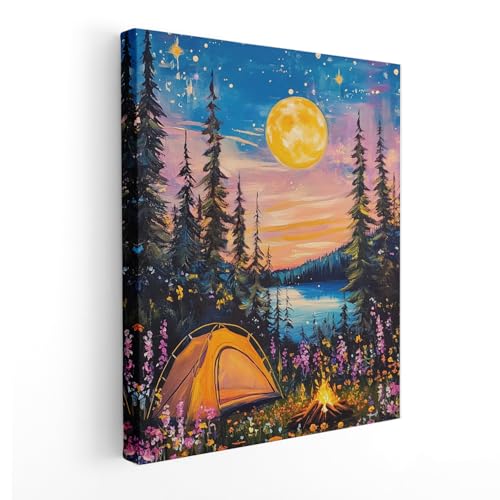 Rustic Boho Forest Camfire Camping Wall Art, Vintage Dark Moody Moonlit Wood Land Nauture Landscape Canvas Wall Art for Cabin Camper Home, 11x14 Inch Framed - color: Boho Camfire Camping