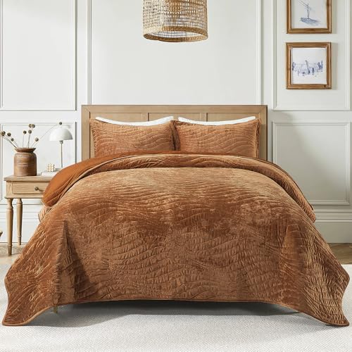 HoneiLife Velvet Quilts Queen Size - Lightweight Bedspreads 3-Pieces, Solid Coverlets Queen Quilt Bedding Sets, Wavy Quilt Sets for All Season Use-Camel - color: Camel-velvet, size: Queen/Full-90"x96"