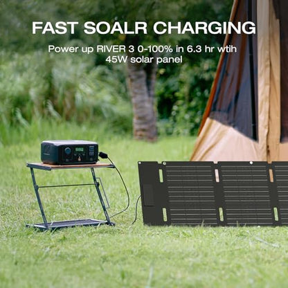 EF ECOFLOW Solar Generator RIVER 3 with 45W Solar Panel, 245Wh Portable Power Station LiFePO4 Battery, 300W Up to 600W AC Output, <20 MS UPS, 1Hr Fast Charging Power Station for Outdoor/Camping/RVs - style: RIVER 3+45W Solar Panel