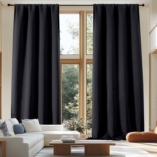 Simplebrand Ava Blackout Extra Long 10ft Curtains for Patio 120 Inches Long 2 Panels Set, Solid Thermal Insulated Energy Saving Rod Pocket Window Treatment Curtains Blackout Drapes, 50 Wx120 L, Black - color: Black, size: 50"W x 120"L (Pack of 2)
