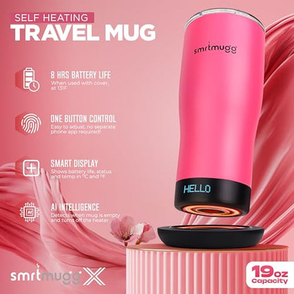 SMRTMUGG X Heated Coffee Mug 19 oz., 8 Hour Battery Life, Self-Heating, Adjustable Temp Controlled, LCD Screen, Includes Cover with Magnetic Slider (Pink) - color: Pink