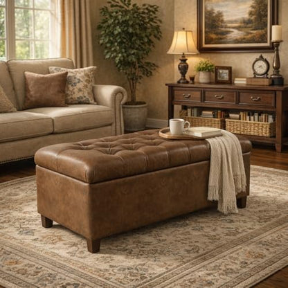 HomePop 40" Button Tufted Storage Bench - Distressed Brown Faux Leather - color: Distressed Brown Faux Leather
