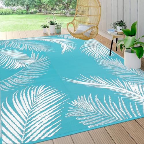 Pauwer Waterproof Outdoor Rug 8x10, Reversible Plastic Straw Patio Camping Rug, Indoor Outdoor RV Mat Carpet for Deck, Camper, Porch, Balcony, Backyard, Picnic, Leaf Teal - color: Leaf Teal, size: 8' x 10' (Rectangular)