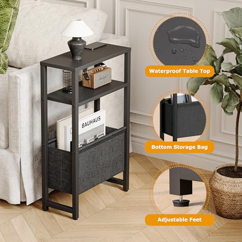 Narrow Side Table, Slim End Table with Magazine Rack, Skinny Bedside Table for Small Spaces, 3 Tier Sofa Couch Table Nightstand for Living Room, Bedroom, Black LET503B - color: Black, style: No Charging Station