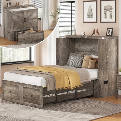 AMERLIFE Twin Murphy Bed Cabinet with Charging Station and Storage Drawer, Farmhouse Foldable Platform Bed for Home Office, Apartment, Small Spaces, Rustic Grey - color: Rustic Grey, size: Twin
