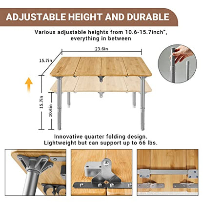 KingCamp Bamboo Folding Table Camping Table with Adjustable Height 4-Folds Compact Small Lightweight Portable Picnic Camp Table for Outdoor Backpacking Beach RV Travel Tailgating Barbecue, 1-2 People