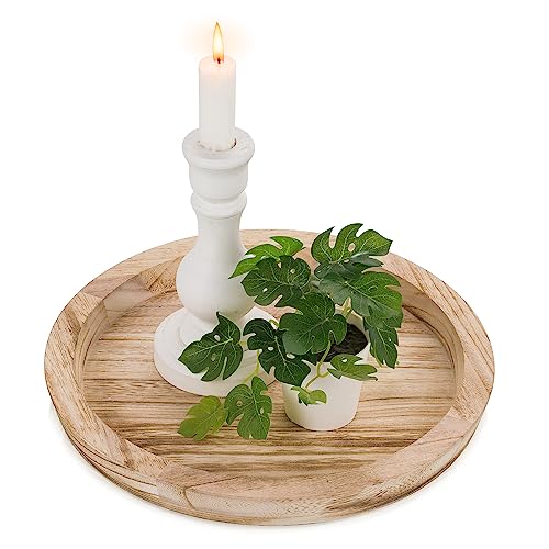 Hanobe Wooden Tray for Coffee Table: Candle Holder Plate Round Decorative Serving Tray - Vintage Table Centerpiece Rustic Farmhouse Home Decor - color: Light Burnt Wood