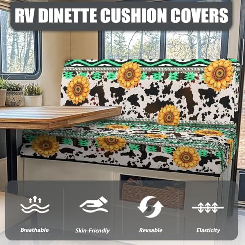 RV Dinette Cushion Covers - Aztec Cow Sunflower Dustproof Camper Sofa Replacement Couch Cushion Slipcovers Washable Camper Seat Bench Protector for Travel Trailer Couch - color: Aztec Cow Sunflower