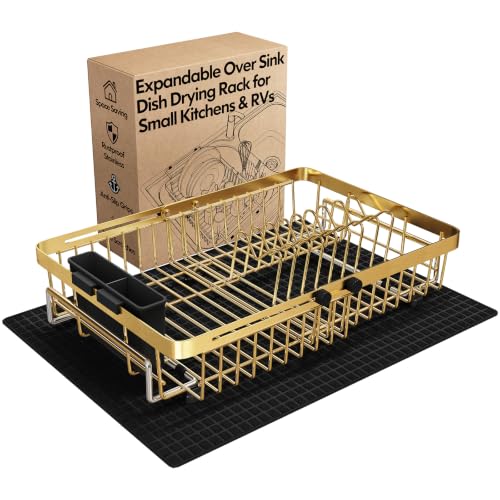 MAJALiS Gold Dish Drying Rack Over The Sink with Utensil Holder, Mat | Expandable Stainless Steel Dish Drainer for Small Kitchen, Apartment, RV, Counter Space Saving, Perfect Fit, Rustproof - color: Gold, size: For 13"-30" W Sink with Mat