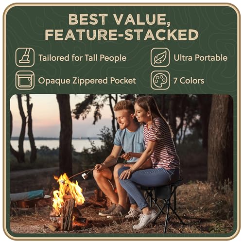 Foldable Tripod Stool - Ultra Portable Seat for Tall People, 20” High - Hunting Chair & Hidden Zippered Pocket - 2 lb Camping Stool, 3 Legged Strong Steel Stool Holds up to 200 lb (Black) - color: Regular Black