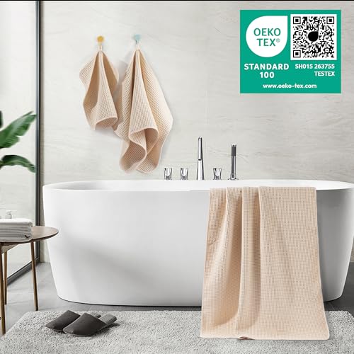 POLYTE 430 GSM Microfiber Quick Dry Lint Free Oversize Bath Towel Set, 6 Piece (Waffle Weave) - color: Light Beige