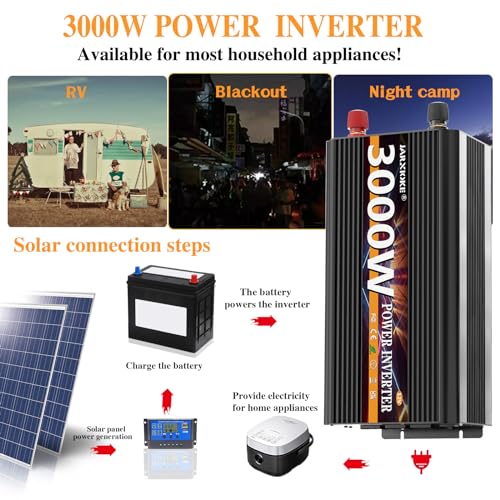 3000W Power Inverter 12V DC to AC 110V/120V (Peak) 6000W Converter 3 sockets car Inverter with Remote Control and LED Display 3.4A USB Port - size: 12v-3000W
