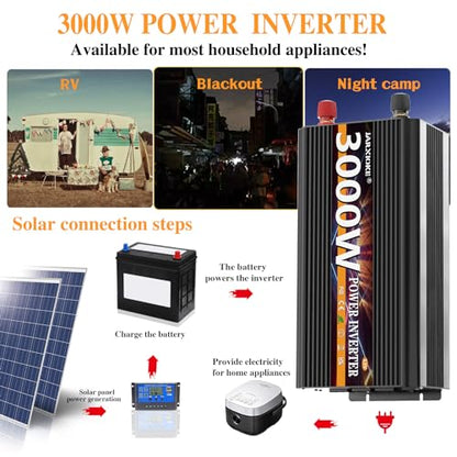 3000W Power Inverter 12V DC to AC 110V/120V (Peak) 6000W Converter 3 sockets car Inverter with Remote Control and LED Display 3.4A USB Port - size: 12v-3000W