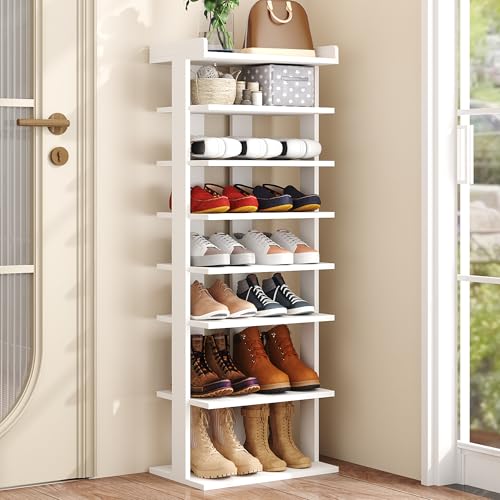 HOMEFORT 7-Tier Wood Shoe Rack, Double Rows 7-Tier Shoe Shelf, Shoe Storage Stand, Entryway Shoe Tower, Vertical Shoe Organizer Perfect for Narrow Closet, Entryway, Hallway, Bedroom in White - color: White, size: 11"Dx18"Wx45.1"H