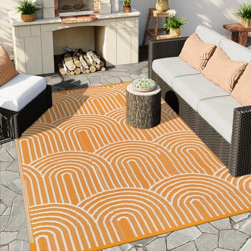 Anidaroel Rainbow Patio Rugs Outdoor 8’X10’ Waterproof, Reversible Camping Rug for Outside RV, Portable Plastic Straw Outdoor Area Rug for Backyard, Garden, Pool Deck (Orange, 8‘X10') - color: Orange Rainbow, size: 8' x 10' (Rectangular)