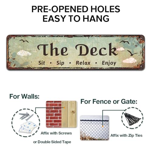 The Deck - Sit, Sip, Relax, Enjoy Metal Sign, Outdoor Living, Porch, Patio, Deck, Tin Signs 4 x 16 Inches - color: V-105