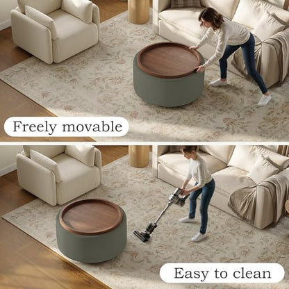 30'' Round Storage Ottoman Coffee Table with Walnut Tray, Round Ottoman with Storage, Modern Upholstered Coffee Table with with 4 Casters for Living Room, Linen Fabric, Dark Grey - color: Dark Grey