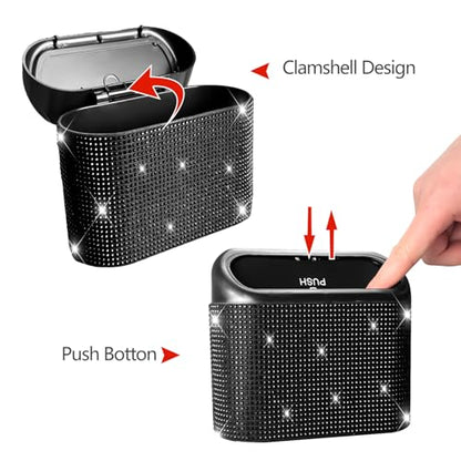 NBTEPEM Bling Car Trash Can with Lid - 2 Pack, Mini Auto Garbage Can with 60 Trash Bags, Automotive Garbage Container Bin, Bling Car Accessories Trash Can for Women (Black Diamond) - color: Black Diamond