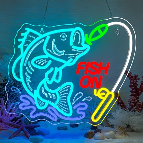 Fish On Neon Sign Dimmable Fish Neon Light for Wall Decor LED USB Powered Fishing Hook Lights for Bedroom Living Room Man Cave Yacht Fishing Art Decor fot Teens Boy Men Gifts - color: Fish On
